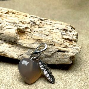 Smokey Quartz Heart Pet Collar Charm With Small Antique Silver Feather Charm